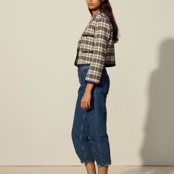 Sandro Paris Cropped Blazer Jacket In Checked Tweed FR 42/ US 10 Textured Plaid - Picture 2 of 15